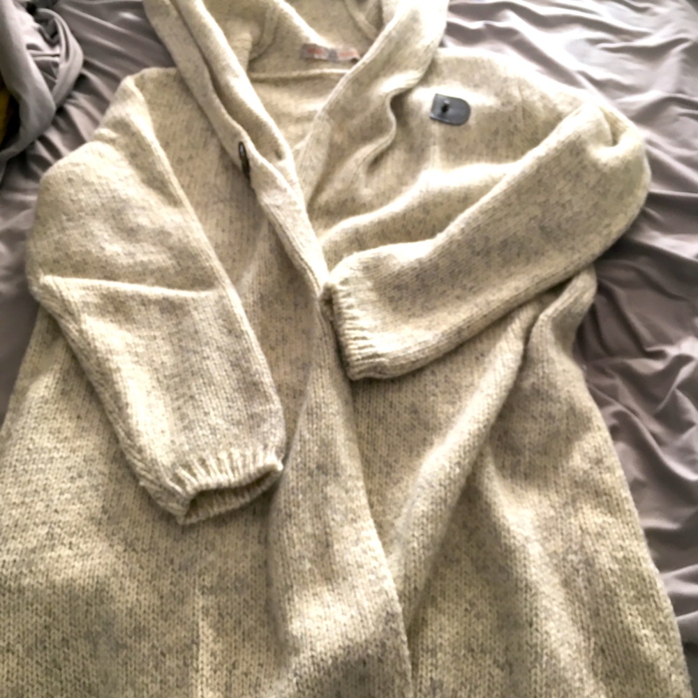 Long,  wool, hooded,  sweater jacket w/ pockets.